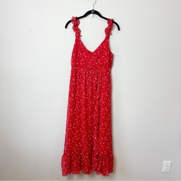 Madewell Ruffle Strap Wrap Dress Metallic Stripes Prairie Posies Red Floral - Picture 3 of 11